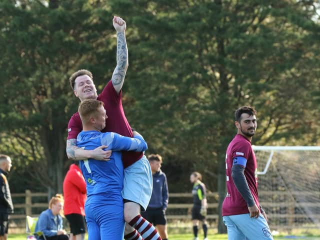 Cross Keys celebrate their goal in a 2-1 Portsmouth Sunday League Division 4 loss to Cosham Trades. Picture: Kevin Shipp