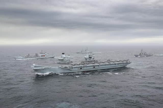 The full UK Carrier Strike Group, pictured during its first assembly for Group Exercise 2020 on October 4.