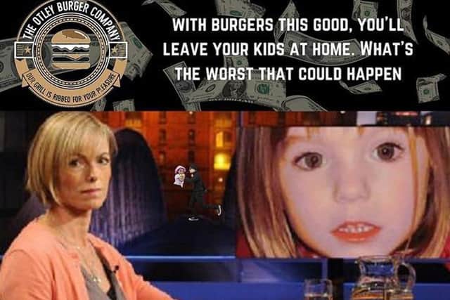 Handout image issued by the Advertising Standards Authority (ASA) of an Instagram post from The Otley Burger Company which ran over Mother's Day making light of missing Madeleine McCann, has been banned for causing offence. Picture: ASA/PA Wire