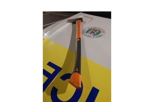 The axe that was seized by police after being wielded by a man whose car was stopped on Laburnum Grove in Portsmouth due to excessively tinted windows. Picture: Hampshire Constabulary