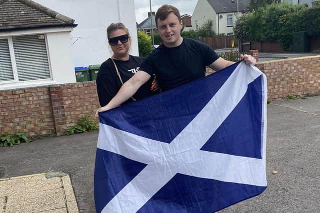 Toni Batten, 21, is travelling from Fratton to Glasgow with her partner Sean McConnachie, 22 - pictured right - to watch the clash between England and Scotland with Seans family.