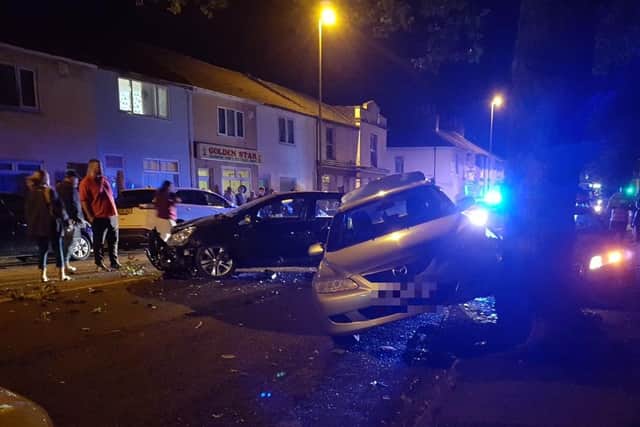 Damage caused to the parked cars after the collision.