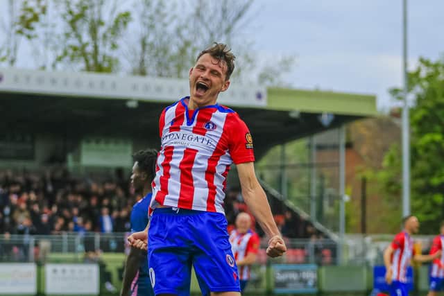 Alfie Rutherford celebrates his goal which fired Dorking Wanderers to National League South promotion via the play-offs. Picture: Steve O'Sullivan Photography