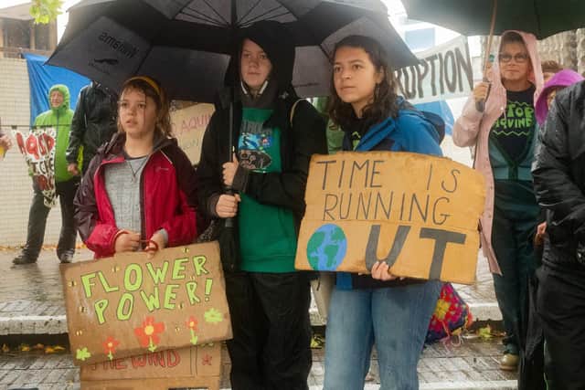 Pictured is: Robyn Mellor, Lucy Piper and Eve Mellor at a Let's Stop Aquind protest
Picture: Keith Woodland (021021-138)