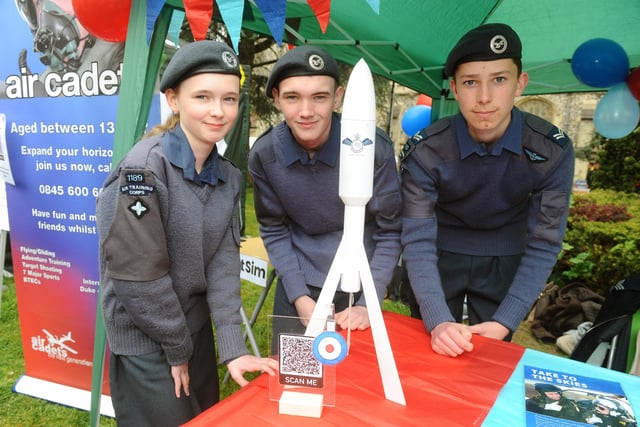 (l-r) Cadet Princess Ledger (13), cadet Jesse Ledger (16) and corporal Roscoe Morgan (15) with their rocket Circinus they have made for the UK Youth Rocketry Challenge where they will be competing on Sunday, May 8. Picture: Sarah Standing (020522-3282)
