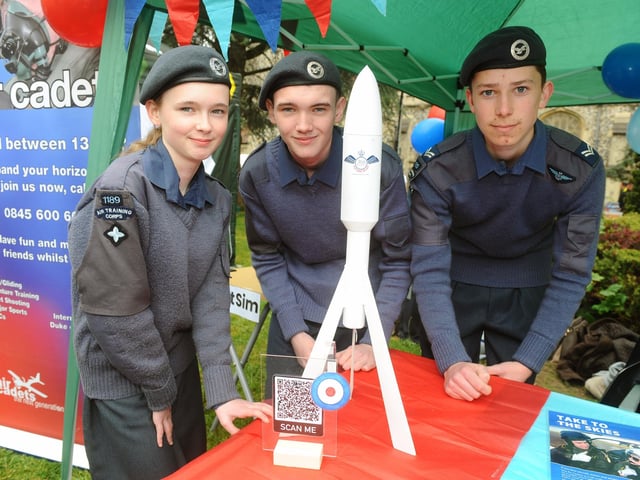 (l-r) Cadet Princess Ledger (13), cadet Jesse Ledger (16) and corporal Roscoe Morgan (15) with their rocket Circinus they have made for the UK Youth Rocketry Challenge where they will be competing on Sunday, May 8. Picture: Sarah Standing (020522-3282)