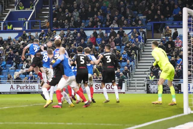 Bobby Thomas heads home Barry Cotter's long throw-in on 89 minutes as Barnsley snatch a late 1-1 draw against Pompey. Picture: Barry Zee