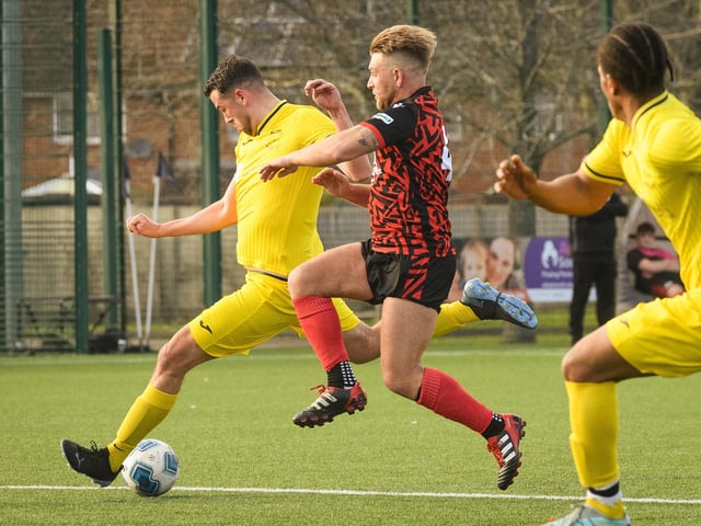 Action from Harvest's 4-1 win at home to Locks Heath (red and black kit) in the Hampshire Premier League. Picture: Keith Woodland (180321-1001)