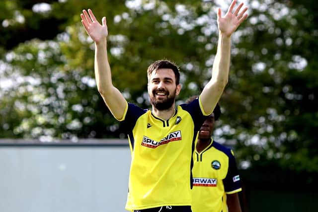 Goalscorer Matt Paterson raises his hands in celebration after Gosport's win at Yate Town Picture: Tom Phillips