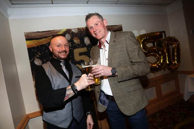 Let's celebrate pictures of Paul Allan, (waistcoat) who was 50 last Sunday and his friend Paul Griffub, (Griff) (in suit jacket) who is 50th this Friday. Pictured at their joint party at the Innlodge in Portsmouth.

Picture: Sam Stephenson.