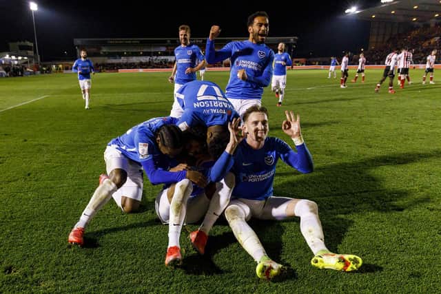 Pompey celebrate at Lincoln tonight. (Photo by Daniel Chesterton/phcimages.com)