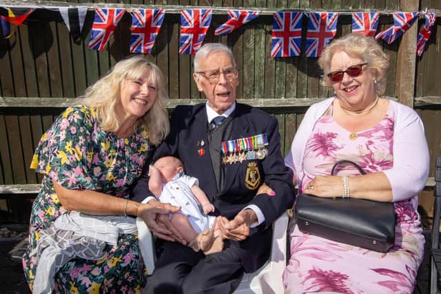 Pictured:  Reginald Plowman with his daughters, Jeannette Warner 61 and Evie miller 71 with great grandchild, Michael Warner, 8 weeks old.

Picture: Habibur Rahman