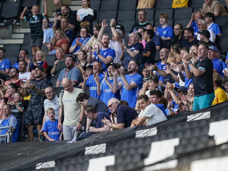 These travelling fans make themsevles heard during Pompey's 1-1 draw against MK Dons.