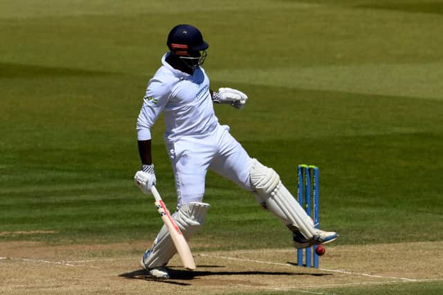 Keith Barker uses a bit of footwork to stop the ball hitting his stumps on day three of the LV= Insurance County Championship match between Hampshire and Yorkshire. Photo by Mike Hewitt/Getty Images