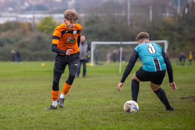 Bransbury Wanderers Reserves (orange) v Farlington Rovers. Picture by Alex Shute