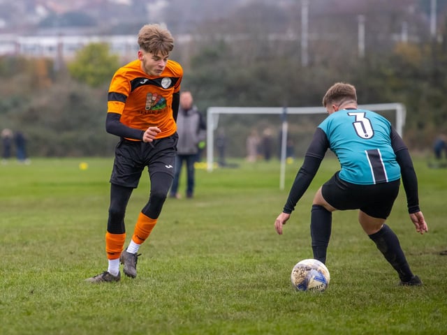 Bransbury Wanderers Reserves (orange) v Farlington Rovers. Picture by Alex Shute