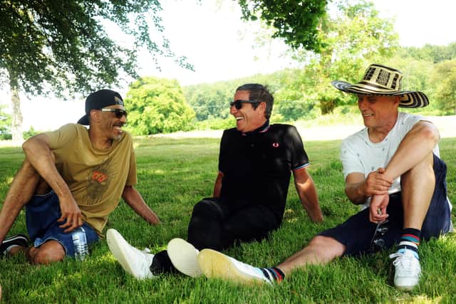 Chilling with (from left) Leeroy Thornhil, Barry Ashcroft and Bez at Vicarage Farm for the Mucky Weekender launch on June 15, 2021. Picture by Paul Windsor