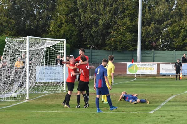 The great entertainers - Fareham celebrate one of their 83 Wessex League Premier Division goals in just 26 games this season. They've also conceded 64. Picture: Paul Proctor
