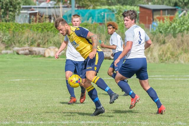 Steve Hutchings in action for Moneyfields during the 1-0 home win over Folland at Dover Road. Picture: Habibur Rahman