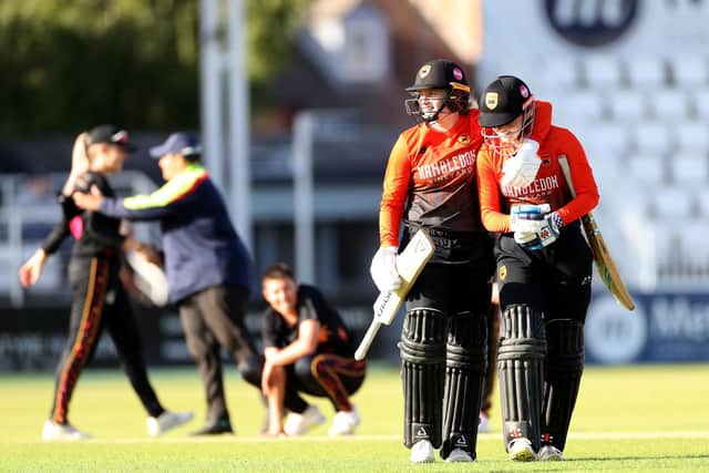 Southern Vipers' Ella McCaughan and Charlie Dean celebrate winning the Charlotte Edwards Cup final. Picture by Bradley Collyer/PA Wire.