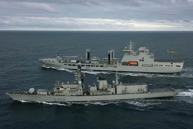 Pictured: HMS Lancaster take part in replenishment at sea (RAS) approaches with RFA Tide Race in the North Sea.

Credit: LPhot Dan Rosenbaum, HMS Lancaster