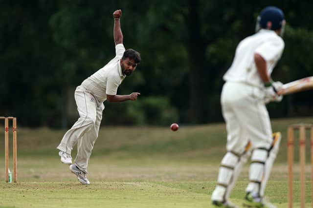 Harikrishnan Korasseril bowling for Kerala against Railway Triangle at Farlington. Picture: Chris Moorhouse