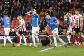 George Hirst looks dejected after missing a late header in Pompey's 1-0 defeat at Sunderland on Saturday. Picture: Daniel Chesterton/phcimages.com