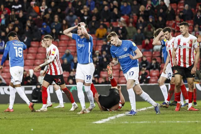 George Hirst looks dejected after missing a late header in Pompey's 1-0 defeat at Sunderland on Saturday. Picture: Daniel Chesterton/phcimages.com