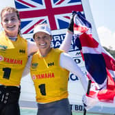Eilidh McIntyre, left, and Hannah Mills celebrate after winning the 470 World Championships last August. Pic: Junichi Hirai.