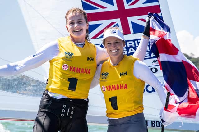 Eilidh McIntyre, left, and Hannah Mills celebrate after winning the 470 World Championships last August. Pic: Junichi Hirai.