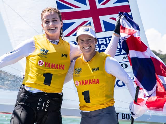 Eilidh McIntyre, left, and Hannah Mills celebrate after winning the 470 World Championships last August. Pic: Junichi Hirai.