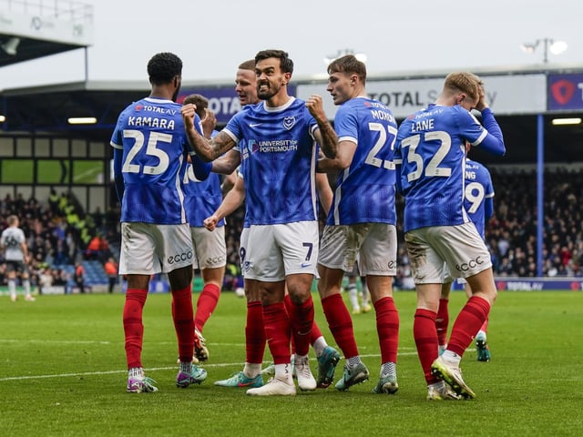 Marlon Pack celebrates in front of the Fratton End after his 49th-minute strike