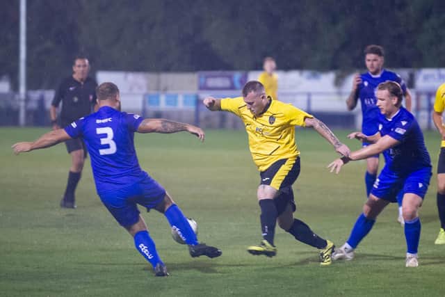 Infinity's Jamie White on the ball against Baffins in the Wessex League Cup. Picture: Habibur Rahman
