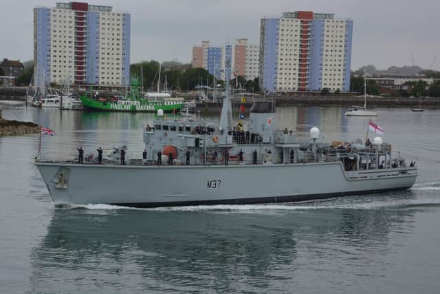 Minehunter HMS Chiddingfold leaves Portsmouth Naval base for a three-year deployment to the Gulf on June 10, 2020. Photo: Ben Mitchell/PA Wire