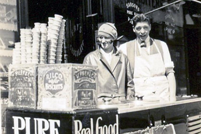 Brian Gilbert's parents Evelyn and George selling ice cream outside the shop in Eastney Road, Milton, about 1934.