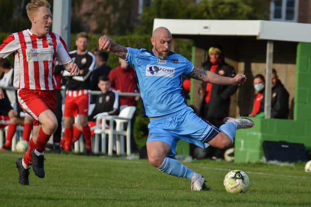 Portchester assistant manager Lee Molyneaux in action during his side's 2-0 Wessex League loss at joint leaders Lymington. Pic: Daniel Haswell.