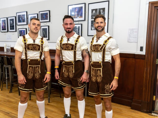 Gym friends swap lycra for lederhosen for the Oktoberfest. Pictured: Liam Sealby 27, Danny Barrett 34 and Matt crouch 38. Picture: Mike Cooter (240922)