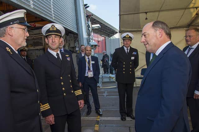 Alan ‘Sharkey’ Ward, left, pictured welcoming defence secretary Ben Wallace onto HMS Argyll during an event in London