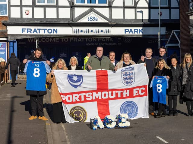 Family and friends of Ace Rewcastle gathered outside Fratton Park. Picture: Mike Cooter (210123)