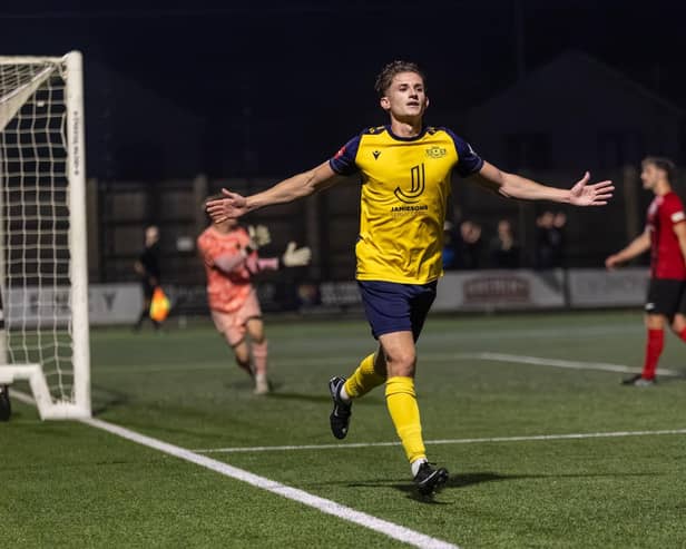Danny Burroughs has just scored Moneyfields' fifth goal against Winchester