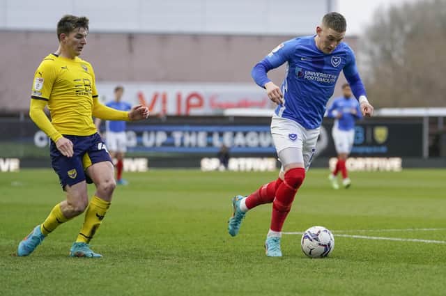 Ronan Curtis, seen here leaving Steve Seddon behind, was Gaffer for a Day Andrew Lovell's choice as Pompey man of the match at Oxford United. Picture: Jason Brown/ProSportsImages