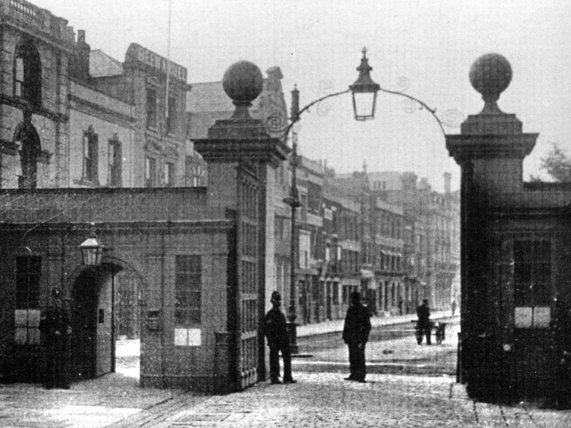 Inside looking out. A view from inside what was the dockyard main gate in the 1920s looking out into Queen Street. Now Victory Gate is the main entrance into the historic dockyard, though it is also used by serving personnel as an entrance to the adjoining HMNB Portsmouth.