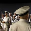 Pictured: HMS Albion Guard stands to attention. as distinguished guests were invited to a capability display on HMS Albion flight deck whilst alongside in Alexandra.