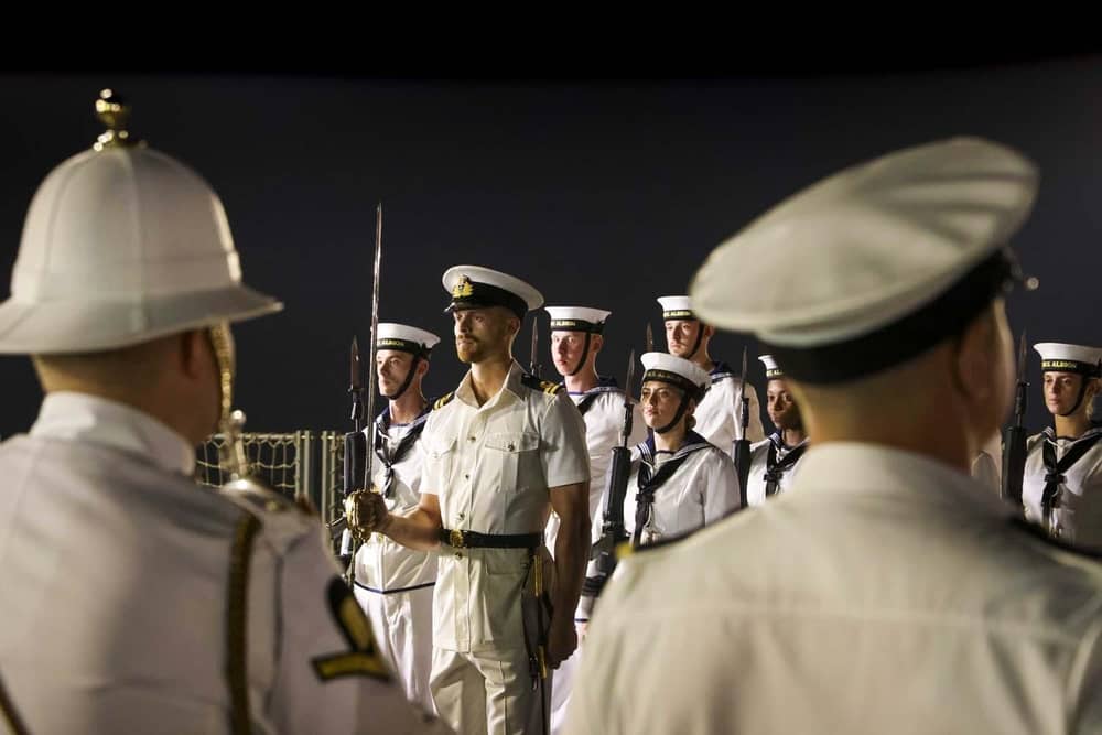 Pictured: HMS Albion Guard stands to attention. as distinguished guests were invited to a capability display on HMS Albion flight deck whilst alongside in Alexandra.