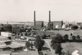 The 300ft chimneys that once delivered steam from the power station over the city. The former Portsmouth power station from Cambridge Road.