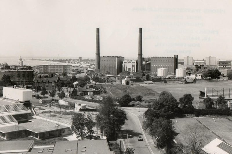 The 300ft chimneys that once delivered steam from the power station over the city. The former Portsmouth power station from Cambridge Road.