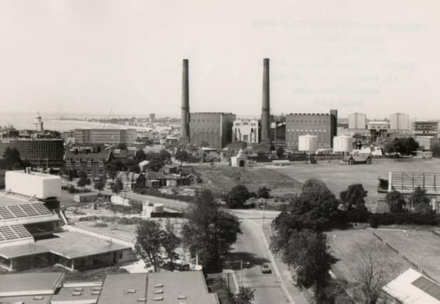 The 300ft chimneys that once delivered steam from the power station over the city. The former Portsmouth power station from Cambridge Road.