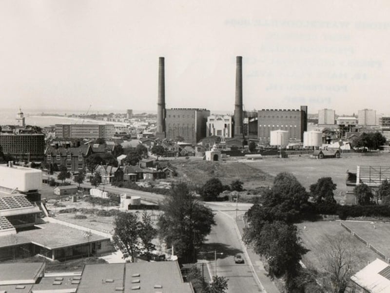 The 300ft chimneys that once delivered steam from the power station over the city. The former Portsmouth power station from Cambridge Road.
