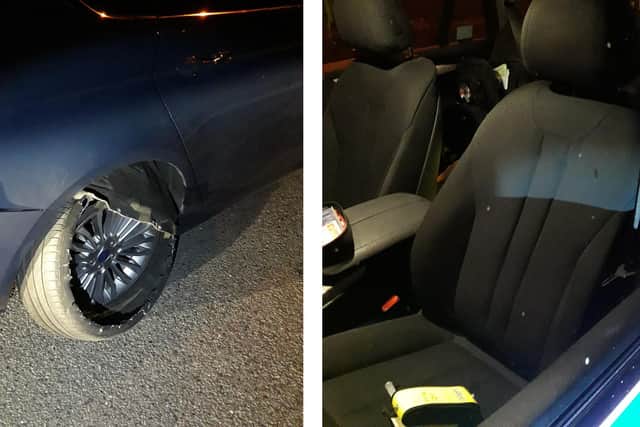 A man is due in court after police said they stopped a Ford Mondeo driver in Cosham on July 12 for a defect in the car's tyre, only for the driver to spit at police. Pictures show the tyre and spit on a police car window. Picture: @Hantspolroads