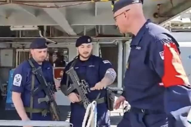 Sailors on board HMS Enterprise pictured stopping a former politician from trying to gain unauthorised access to the ship while it was alongside in Ireland.